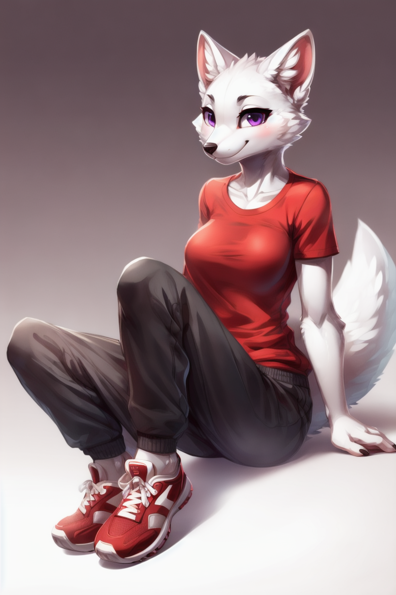 00081-1467275565-solo, female, furry, arctic fox, red shirt, smile, sweatpants, gradient background, sitting, purple eyes, sneakers, by alfa995,.png